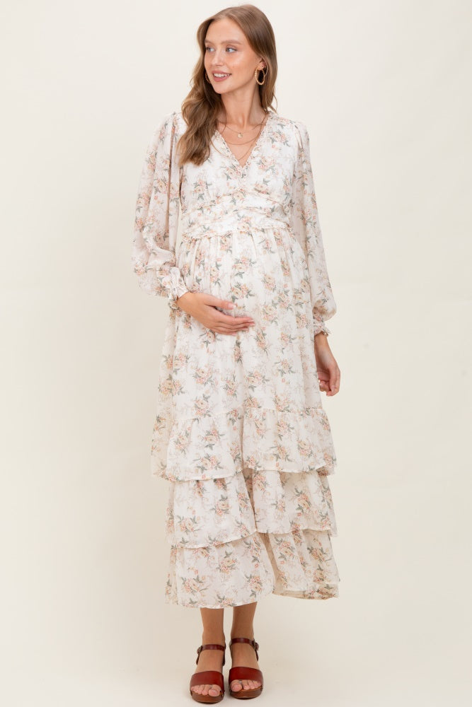 Cream Vintage Floral Ruffle Tiered Hem Maternity Maxi Dress