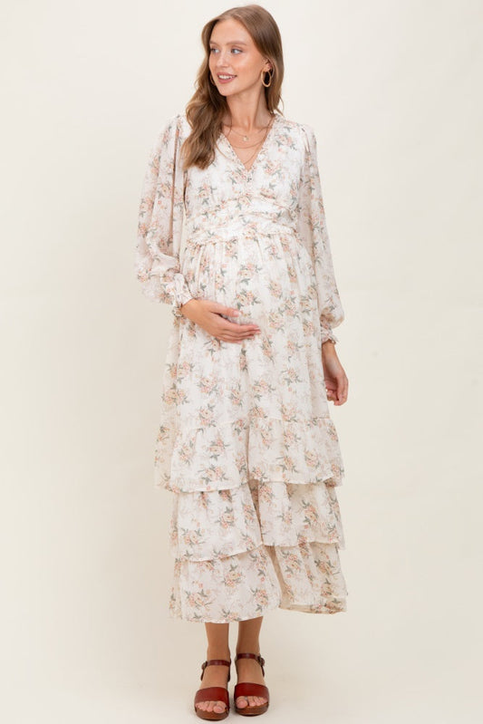 Cream Vintage Floral Ruffle Tiered Hem Maternity Maxi Dress