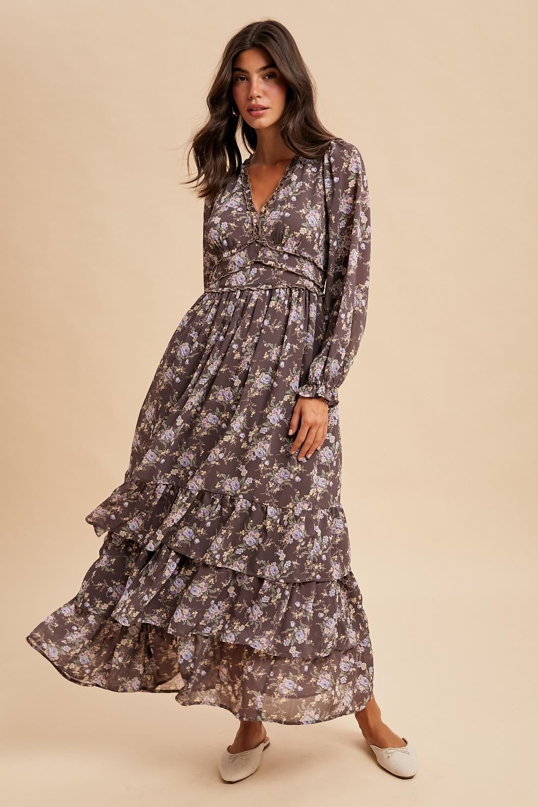 Brown Vintage Floral Ruffle Tiered Hem Maternity Maxi Dress