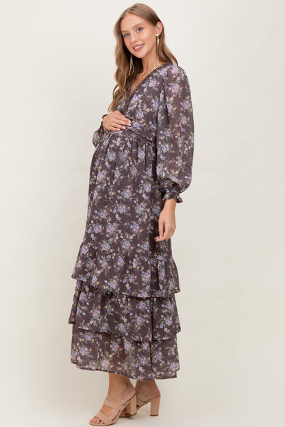 Brown Vintage Floral Ruffle Tiered Hem Maternity Maxi Dress