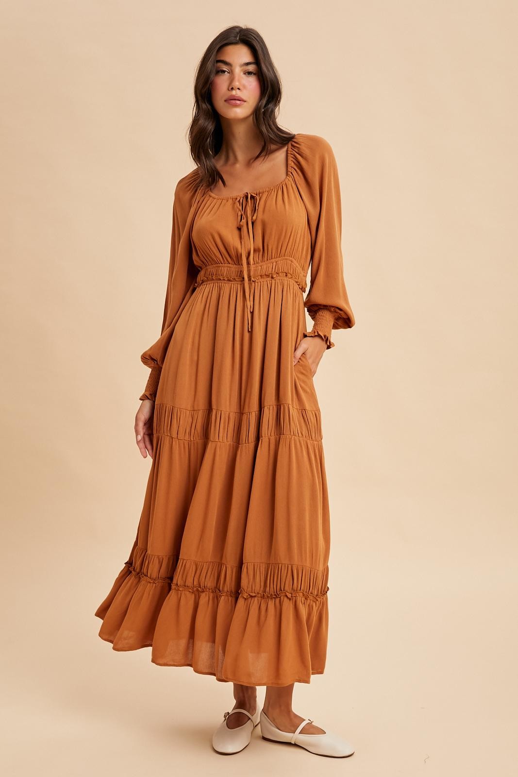 Camel Square Neck Long Sleeve Maternity Maxi Dress
