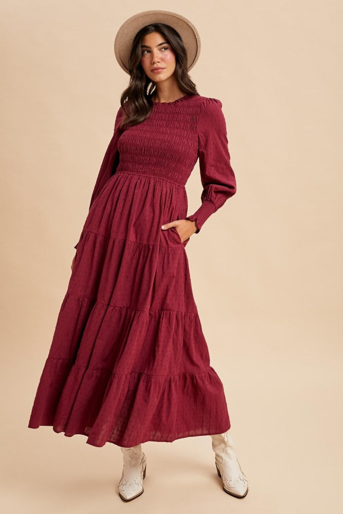 Burgundy Swiss Dot Smocked Tiered Maternity Maxi Dress