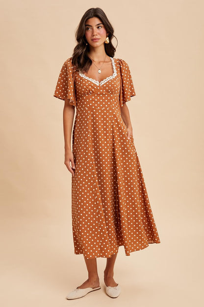 Camel Polka Dot Lace Trim Maternity Maxi Dress