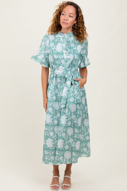 Light Olive Floral Ruffle Button Up Neckline Maternity Midi Dress