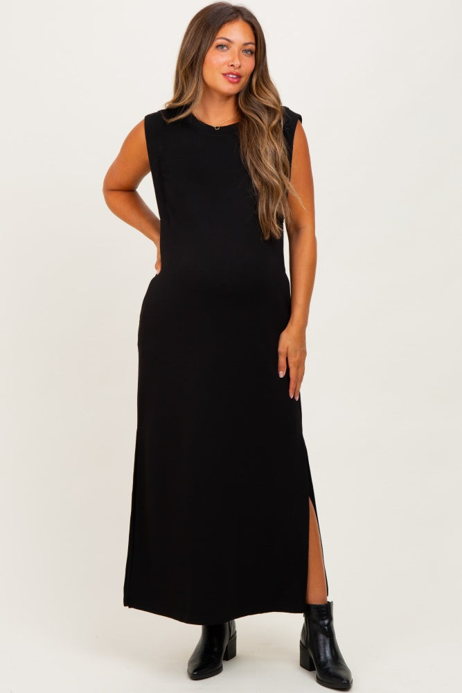 Black Sleeveless Side Slit Maternity Midi Dress
