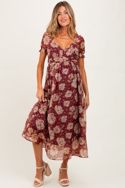 Burgundy Floral Chiffon Sweetheart Neckline Maternity Midi Dress