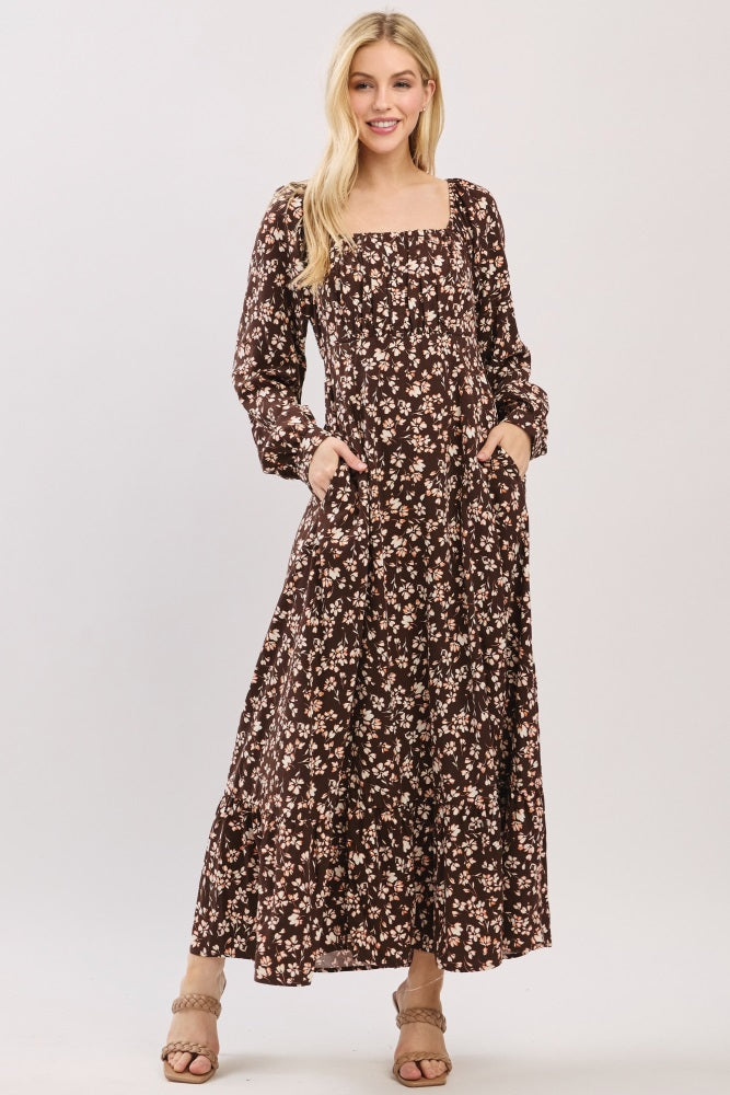 Brown Floral Square Neck Long Sleeve Maternity Maxi Dress