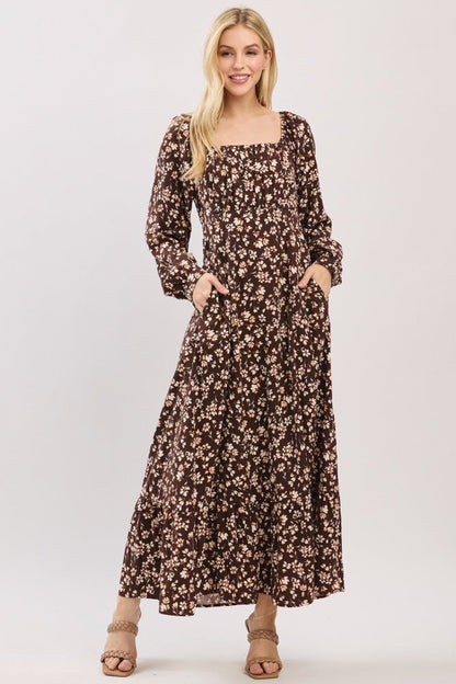 Brown Floral Square Neck Long Sleeve Maternity Maxi Dress