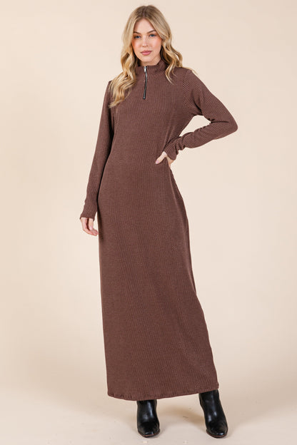 Brown Textured Rib Quarter Zip Maternity Maxi Dress