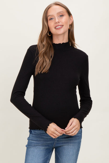 Black Lettuce Edge Mock Neck Long Sleeve Rib Maternity Top