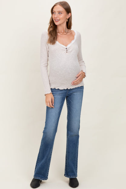 Beige Brushed Rib Lace Trimmed Henley Maternity Top
