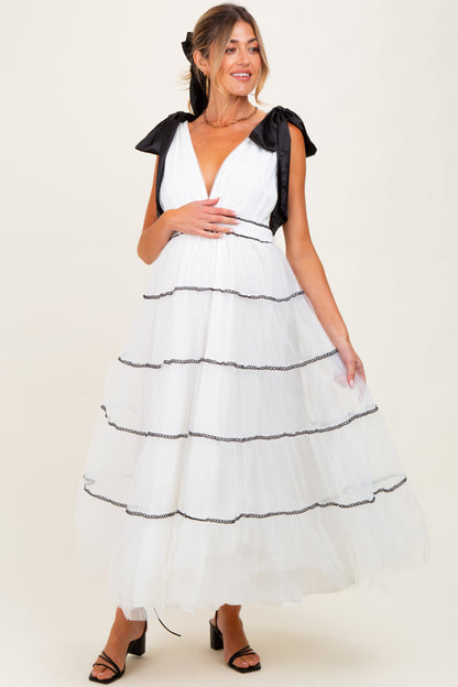 White Shoulder Bow Tie Lace Detail Tulle Maternity Midi Dress