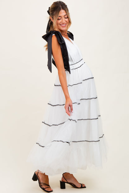 White Shoulder Bow Tie Lace Detail Tulle Maternity Midi Dress