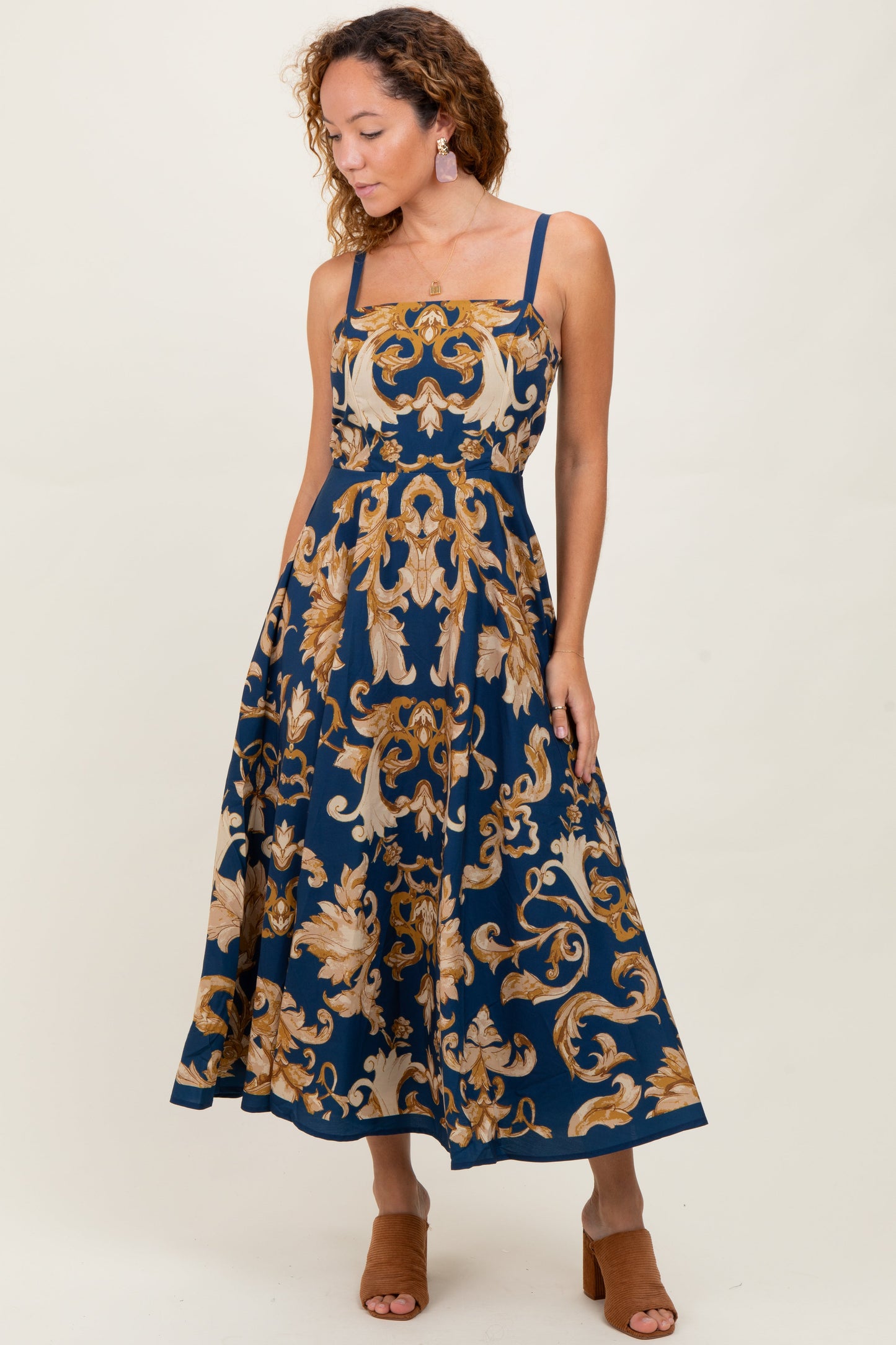 Dark Teal Damask Sleeveless Maternity Maxi Dress