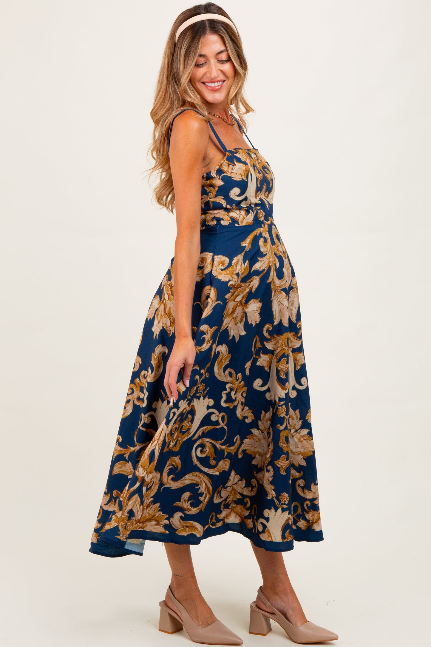 Dark Teal Damask Sleeveless Maternity Maxi Dress