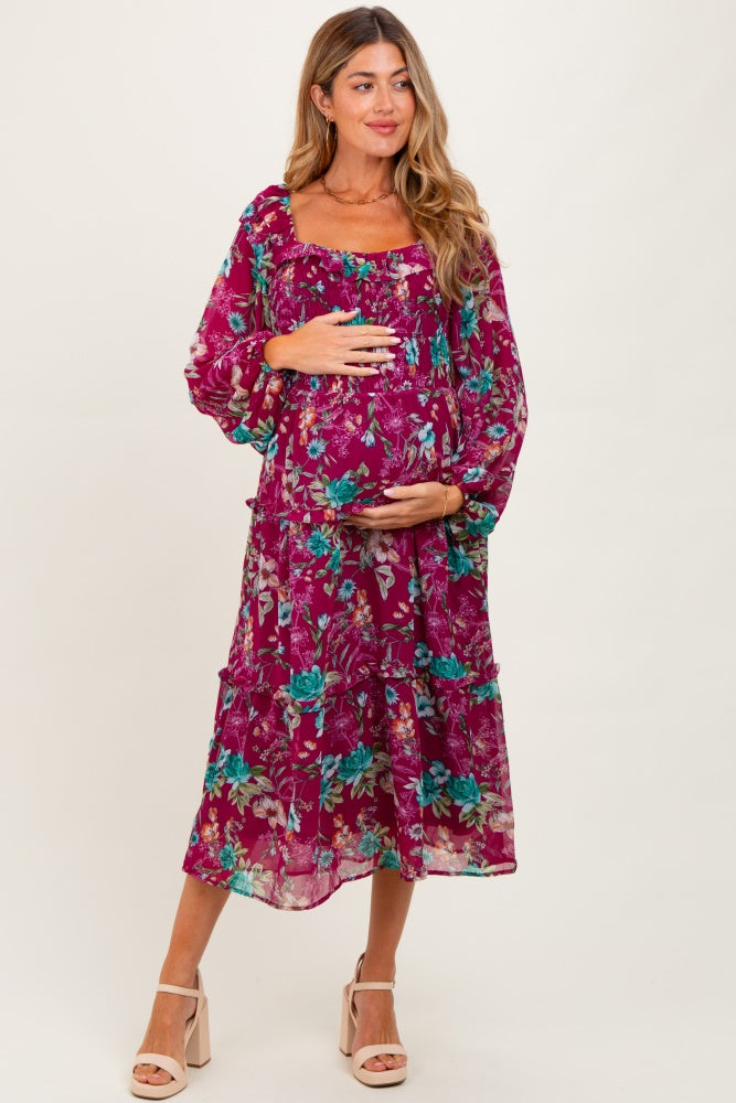 Burgundy Floral Chiffon Smocked Ruffle Tiered Maternity Midi Dress