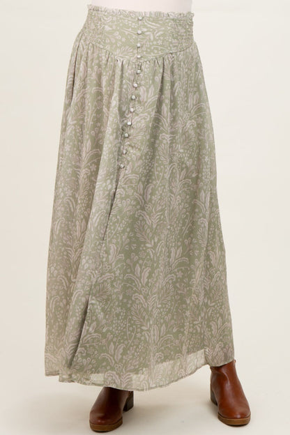 Light Olive Floral Chiffon Button Detail Maternity Maxi Skirt