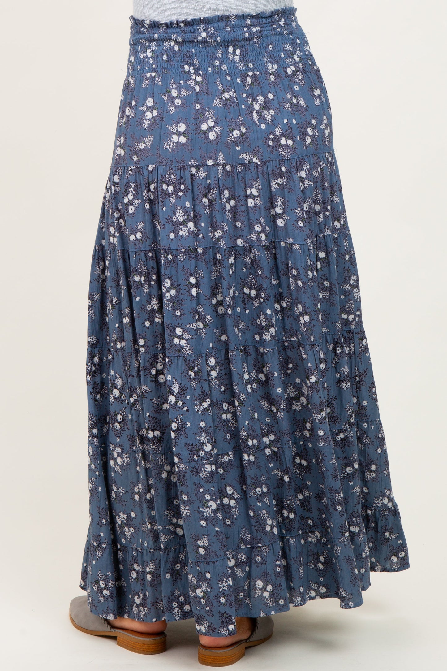 Blue Floral Smocked Waist Tiered Maternity Maxi Skirt