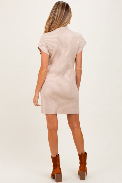 Beige Ribbed Knit Maternity Short Sleeve Sweater Dress
