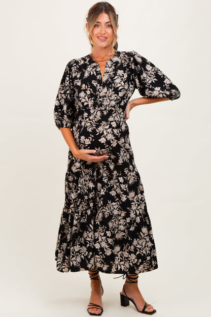 Black Floral 3/4 Sleeve Smocked Waist Maternity Midi Dress
