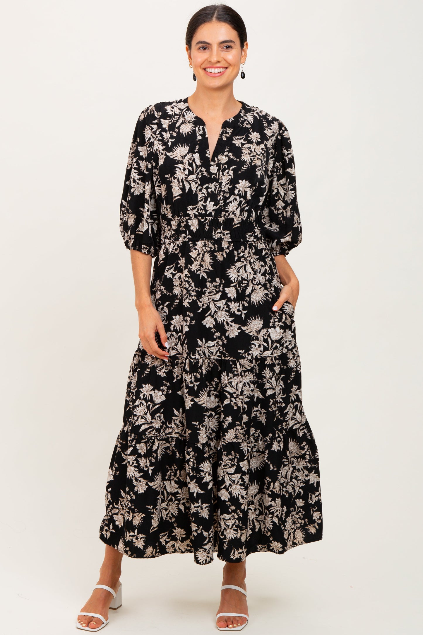 Black Floral 3/4 Sleeve Smocked Waist Maternity Midi Dress