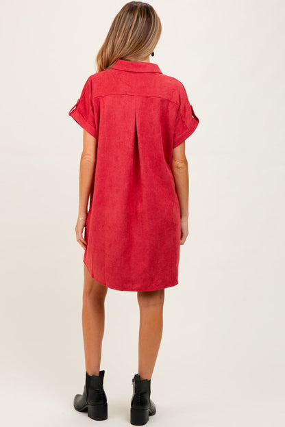 Rust Faux Suede Button Down Maternity Shirt Dress