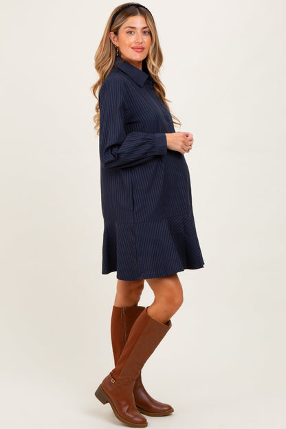 Navy Striped Long Sleeve Drop Waist Maternity Polo Dress