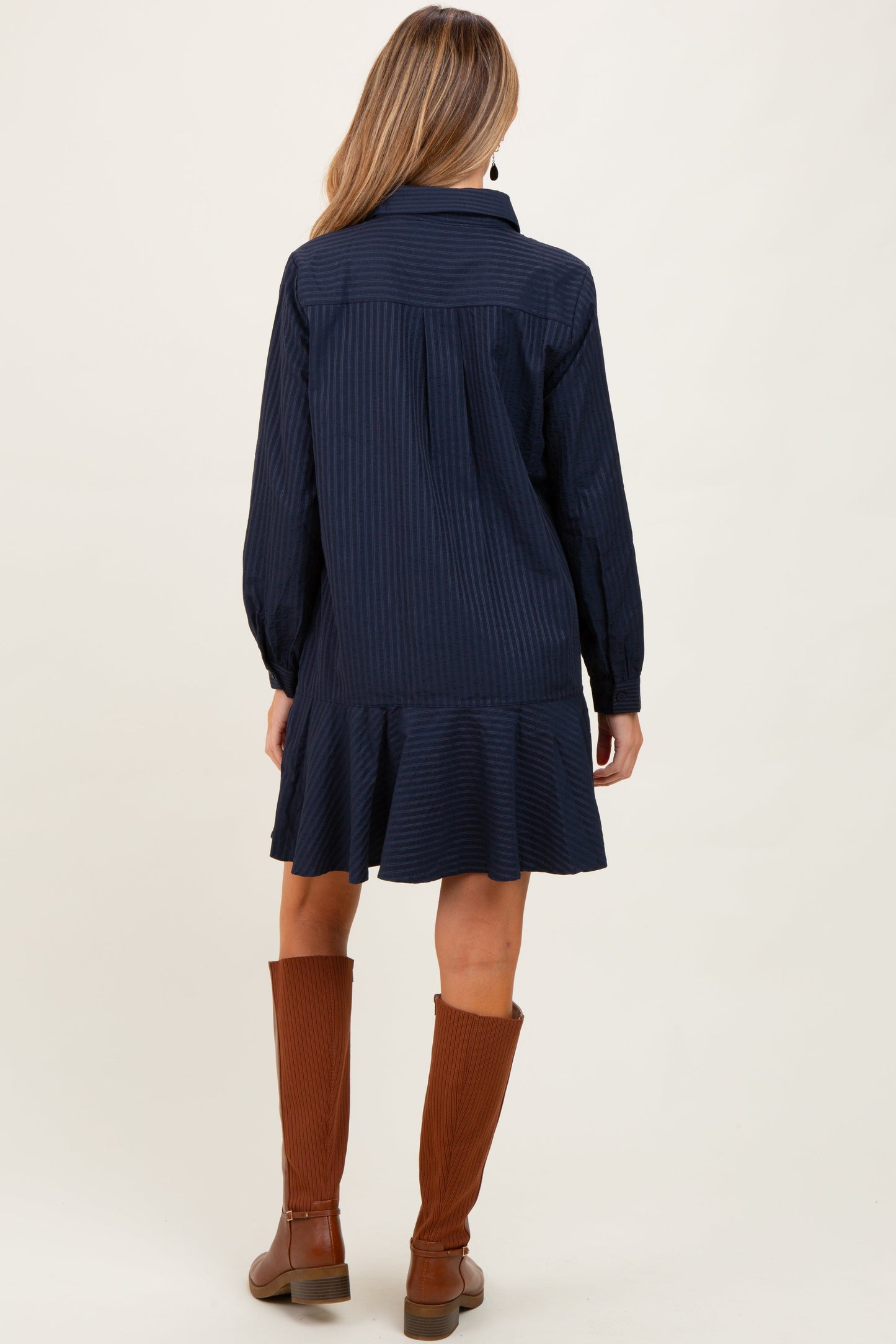 Navy Striped Long Sleeve Drop Waist Maternity Polo Dress
