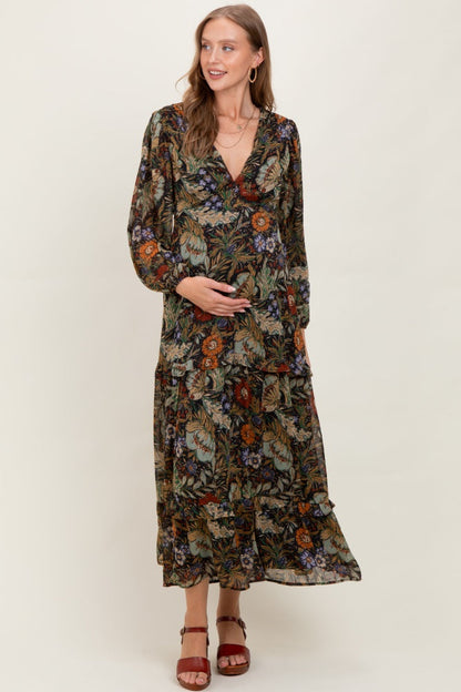 Black Floral Chiffon V-Neck Long Sleeve Maternity Maxi Dress
