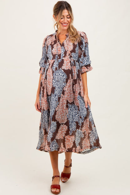 Black Floral Chiffon Front Tie Maternity Midi Dress