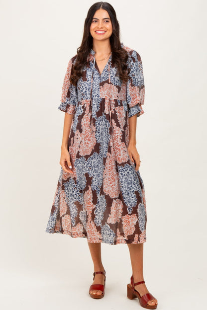 Black Floral Chiffon Front Tie Maternity Midi Dress
