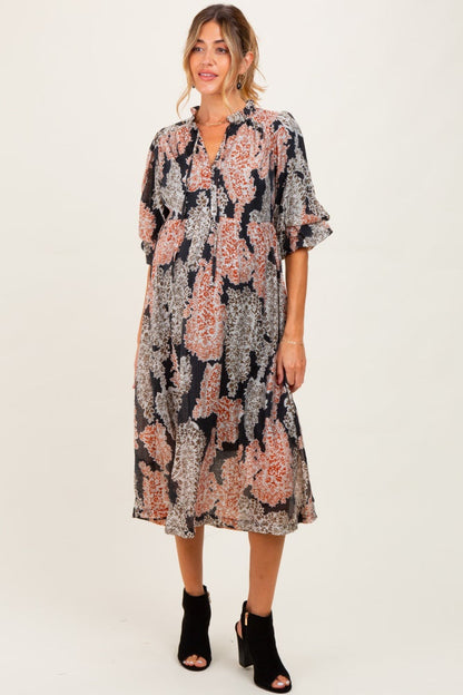 Brown Floral Chiffon Front Tie Maternity Midi Dress