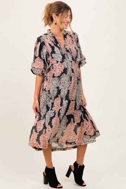 Brown Floral Chiffon Front Tie Maternity Midi Dress