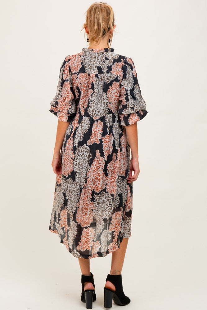 Brown Floral Chiffon Front Tie Maternity Midi Dress