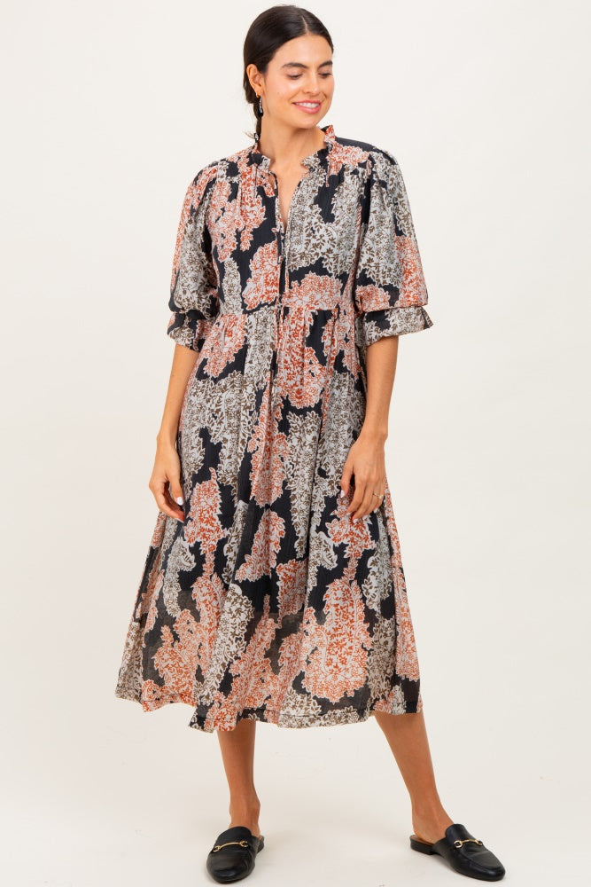 Brown Floral Chiffon Front Tie Maternity Midi Dress