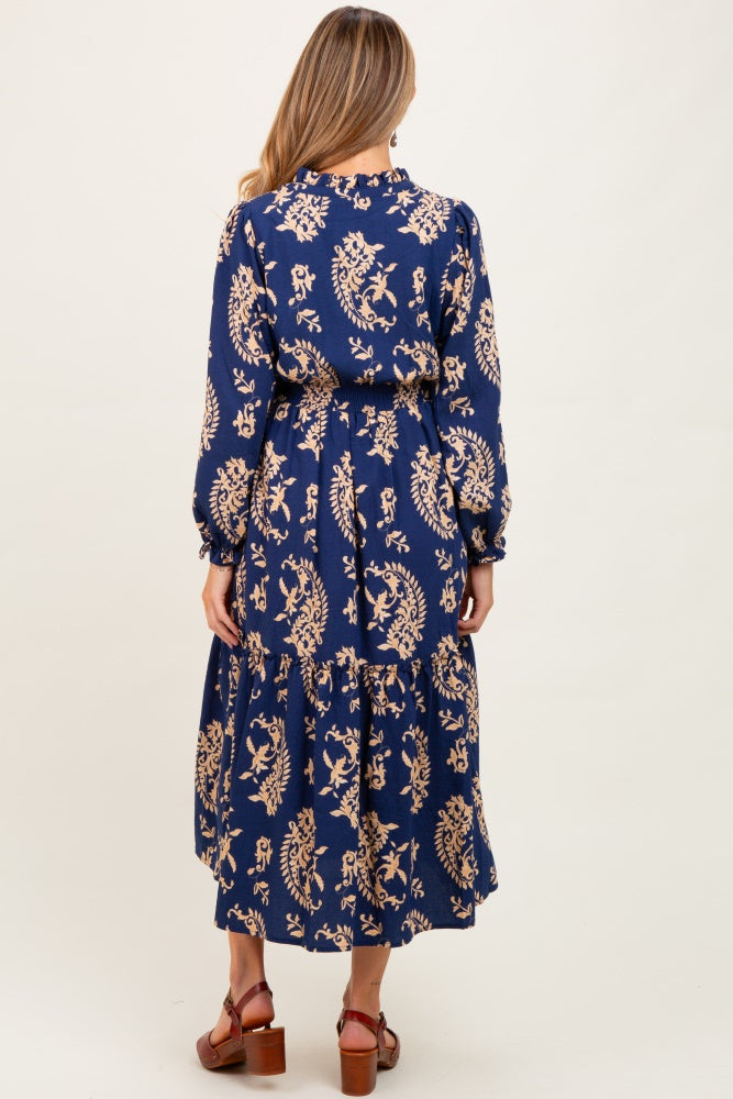 Navy Damask Front Tie Smocked Waist Maternity Midi Dress