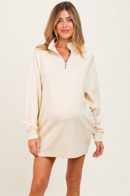 Cream Half Zip Long Sleeve Maternity Mini Dress