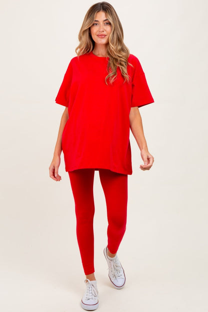 Red Oversized Crewneck Short Sleeve and Legging Maternity Set