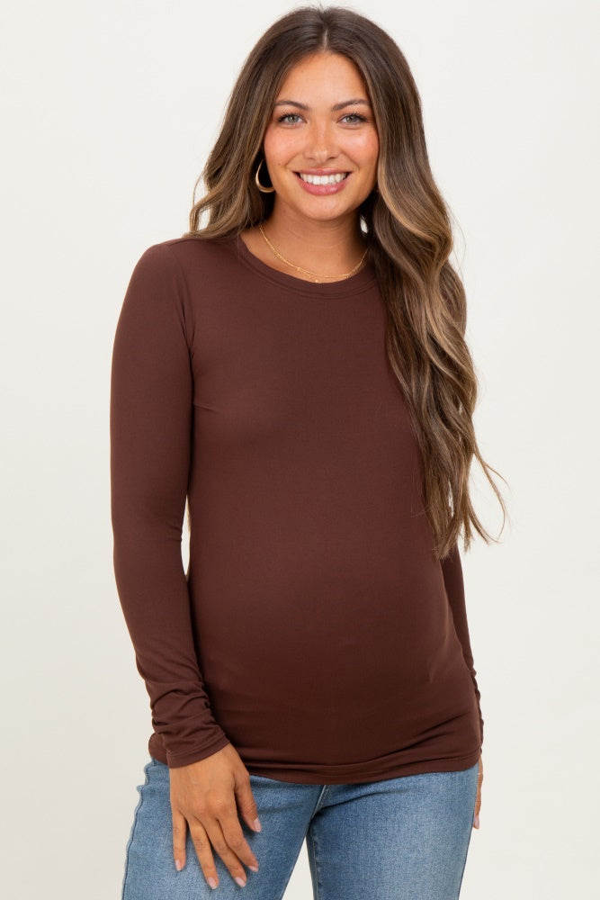Brown Basic Long Sleeve Maternity Top