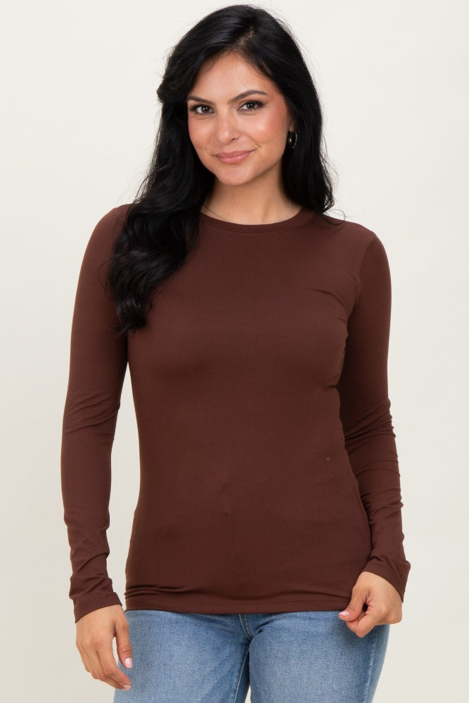 Brown Basic Long Sleeve Maternity Top