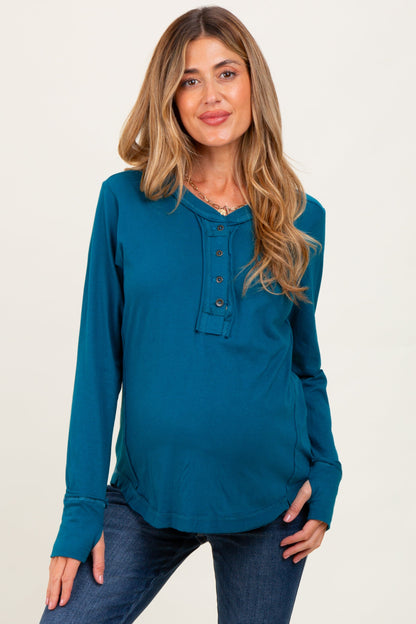 Teal Long Sleeve Exposed Seam Maternity Top
