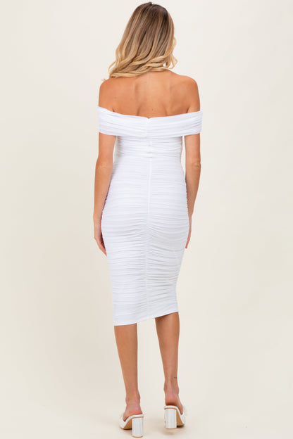 White Mesh Off Shoulder Twist Front Maternity Midi Dress