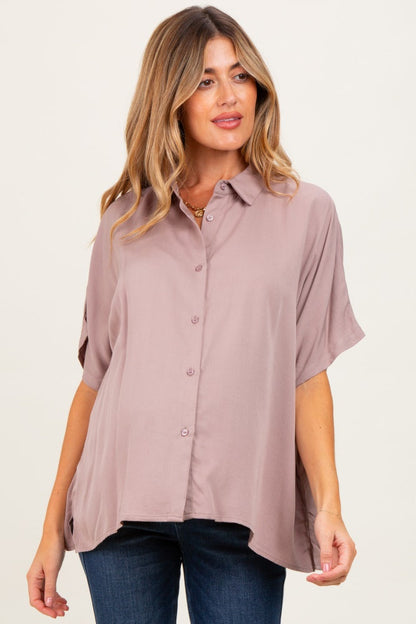 Taupe Dolman Sleeve Button Down Maternity Blouse
