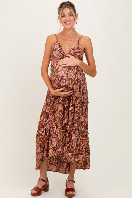 Brown V Neck Front Twist Hi Lo Maternity Maxi Dress