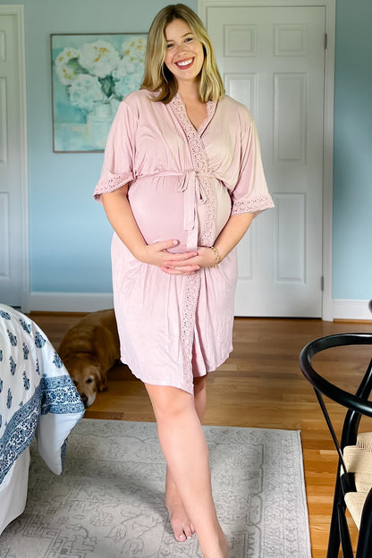 PinkBlush Pink Crochet Trim Delivery/Nursing Maternity Robe