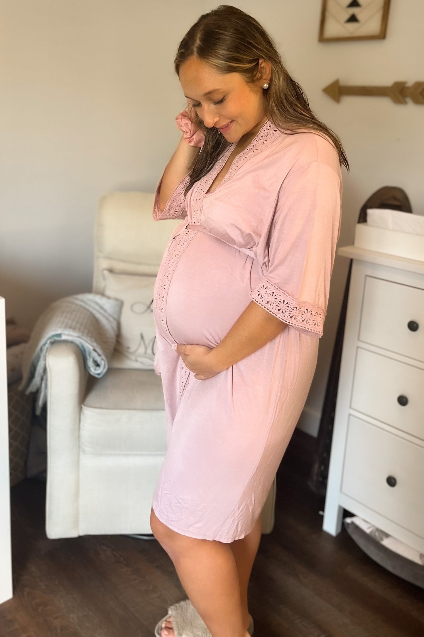 PinkBlush Pink Crochet Trim Delivery/Nursing Maternity Robe