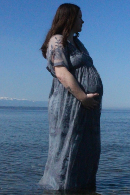 PinkBlush Blue Lace Mesh Overlay Maternity Maxi Dress