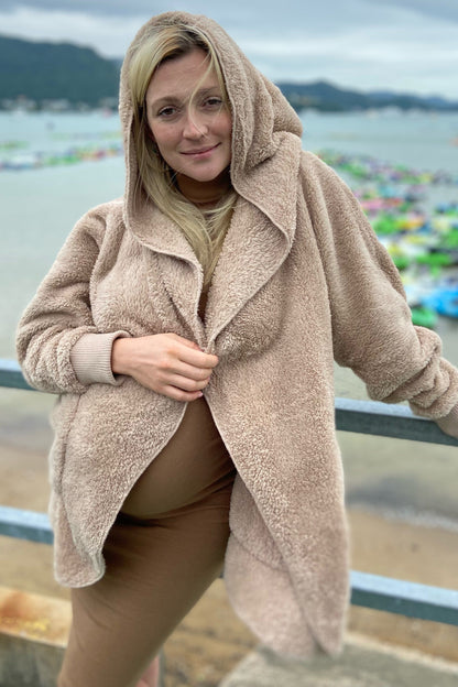 Taupe Fuzzy Hooded Long Sleeve Maternity Jacket