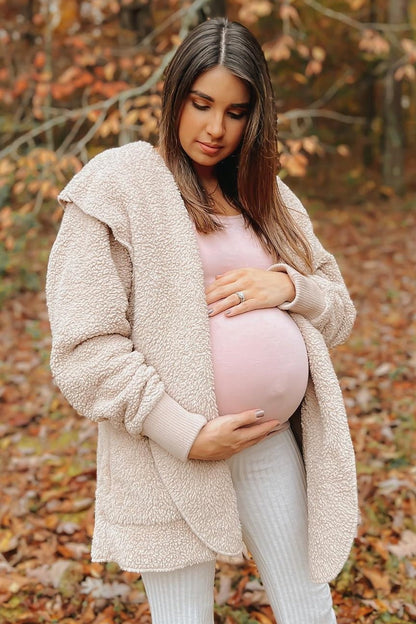 Taupe Fuzzy Hooded Long Sleeve Maternity Jacket