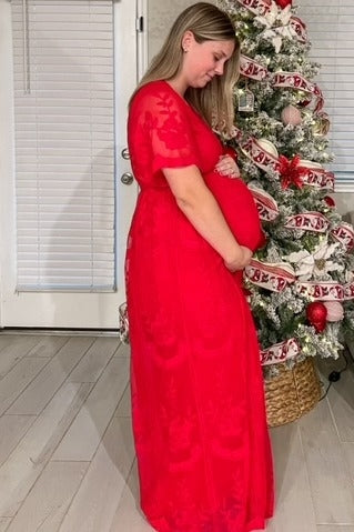 PinkBlush Red Lace Mesh Overlay Maternity Maxi Dress